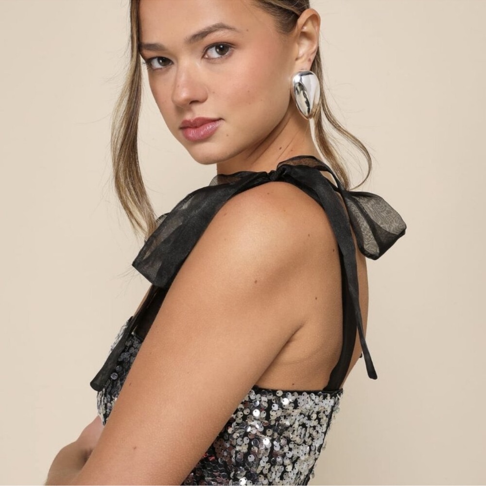Lulu’s Black Silver Sequin Tie-Strap Mini Dress​ XL Disco Vegas Bachelorette - Picture 4 of 4